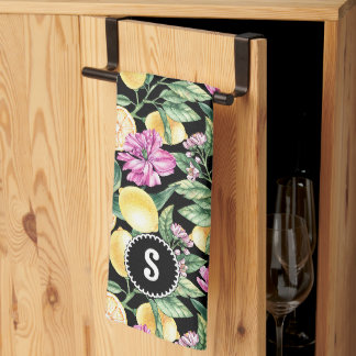Lemons and Tulips Floral Pattern | Citrus Monogram Tea Towel