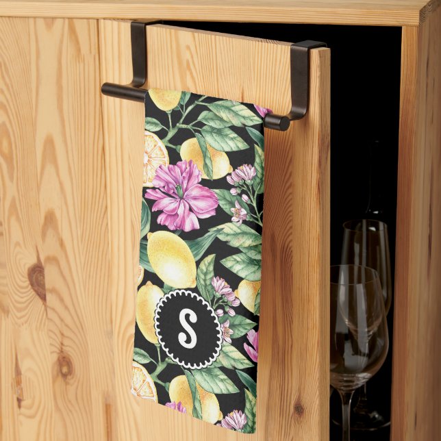 Lemons and Tulips Floral Pattern | Citrus Monogram Tea Towel (Thirds Fold)