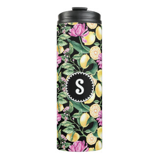 Lemons and Tulips Floral Pattern | Citrus Monogram Thermal Tumbler