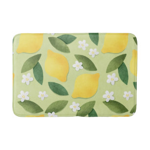 Lemons ans White Flowers on Green Background Bath Mat