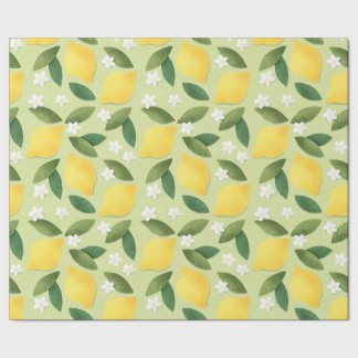 Lemons ans White Flowers on Green Background Wrapping Paper
