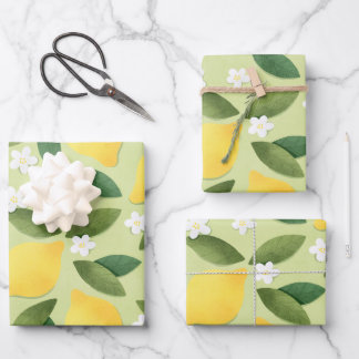 Lemons ans White Flowers on Green Background Wrapping Paper Sheet