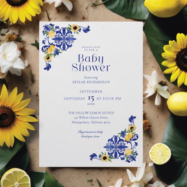 Lemons & Antique Blue Pottery Pattern Baby Shower Invitation (Lemons & Antique Blue Pottery Pattern Baby Shower Invitation)