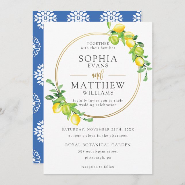 Lemons Azure Summer Greenery Gold Frame Wedding Invitation (Front/Back)
