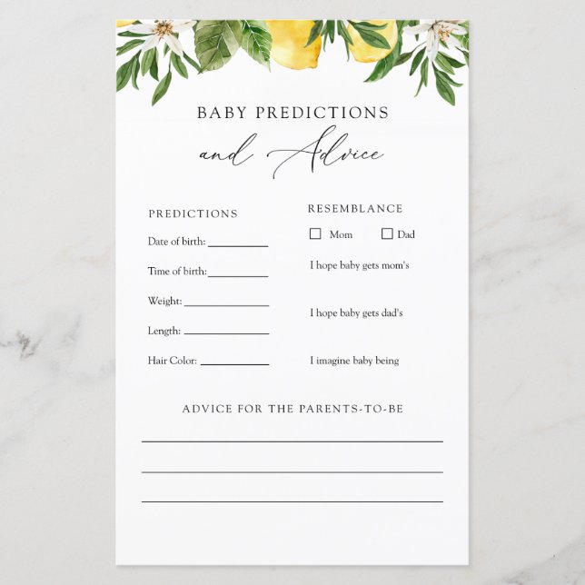 Lemons Baby Advice and Predictions Card (Front)