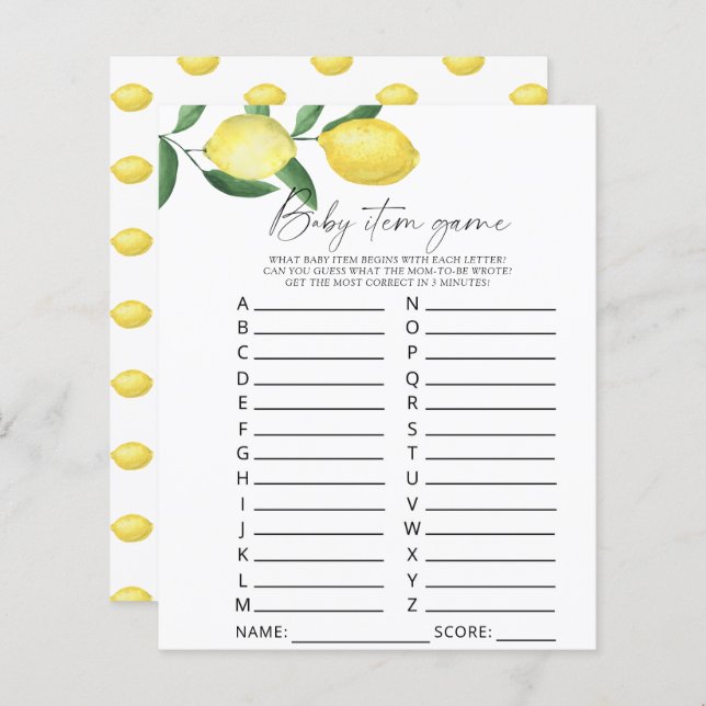 Lemons - Baby Item Game. Baby Shower Game (Front/Back)