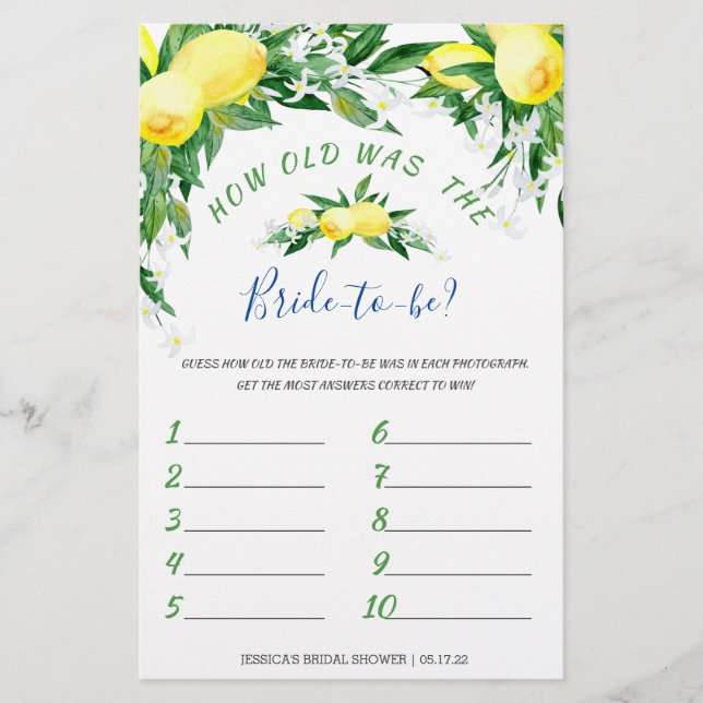 Lemons Blossom Double-Sided Bridal Shower Game (Front)
