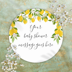 Lemons Blossom Greenery Baby Shower Message Classic Round Sticker