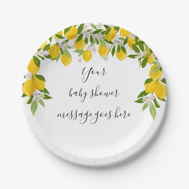 Lemons Blossom Greenery Baby Shower Message Paper Plate (Front)