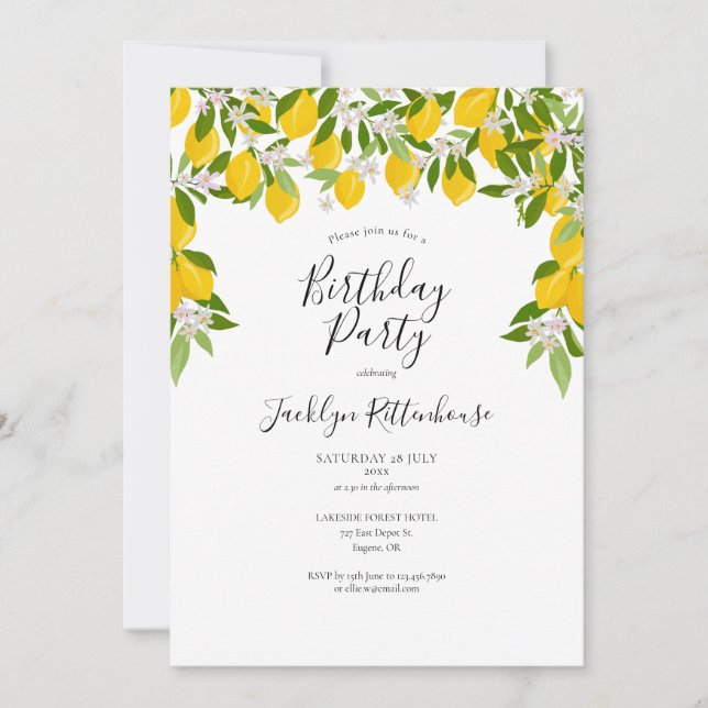 Lemons Blossom Greenery Birthday Party Invitation (Front)