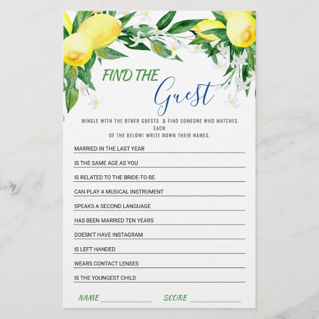 Lemons Blossom Greenery Chic  Bridal Shower Game (Front)
