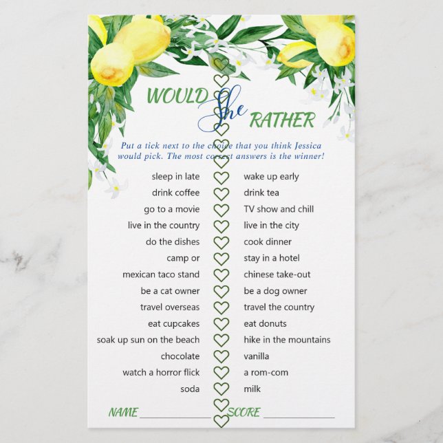 Lemons Blossom Greenery Chic Bridal Shower Game (Front)