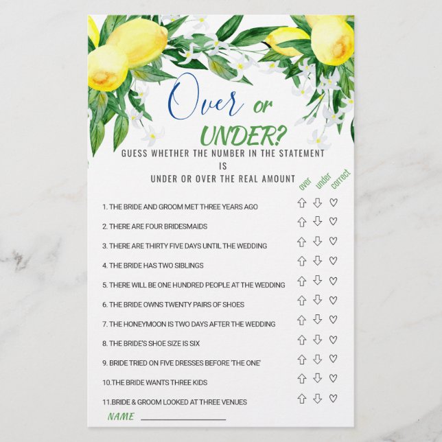Lemons Blossom Greenery Chic  Bridal Shower Game (Front)