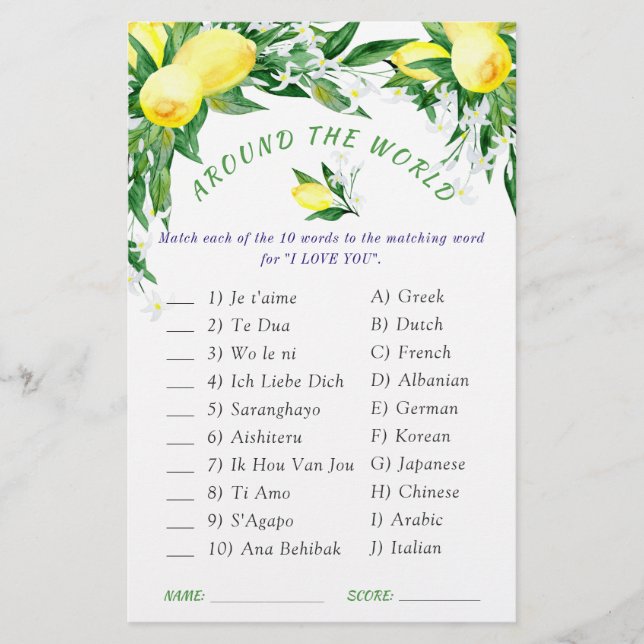 Lemons Blossom Greenery Chic Bridal Shower Game (Front)