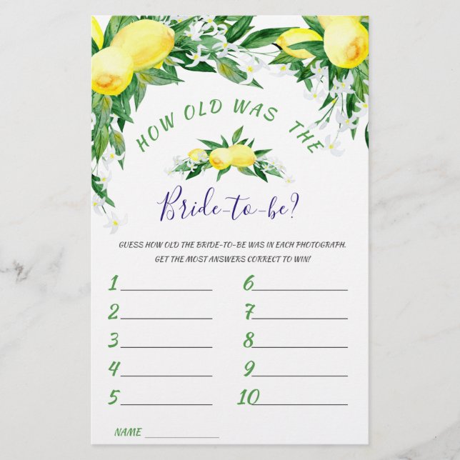 Lemons Blossom Greenery Chic Bridal Shower Game (Front)