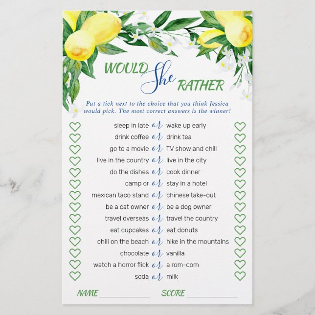 Lemons Blossom Greenery Chic Bridal Shower Game (Front)