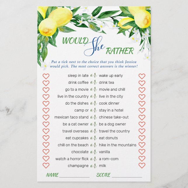 Lemons Blossom Greenery Chic Bridal Shower Game (Front)