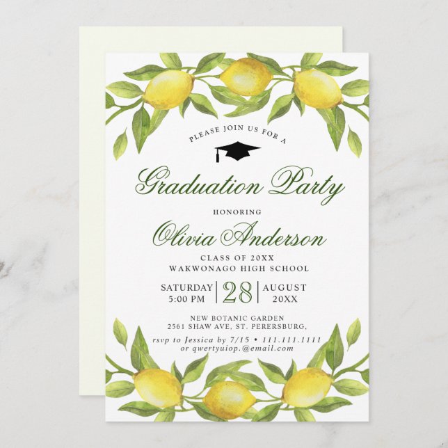 Lemons Blossom Greenery Chic Graduation Party Invitation (Front/Back)