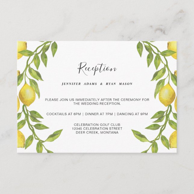Lemons Blossom  Greenery Floral Wedding Reception Enclosure Card (Front)