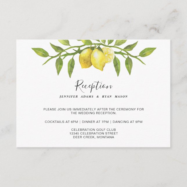 Lemons Blossom  Greenery Floral Wedding Reception Enclosure Card (Front)