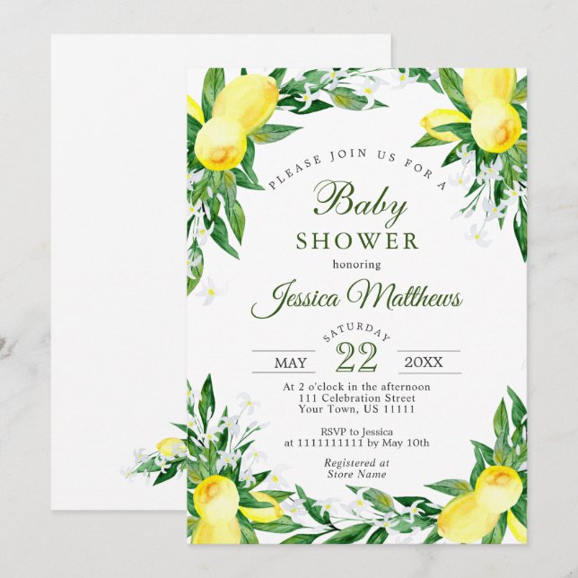 Lemons Blossom Greenery NEUTRAL Baby Shower Invitation (Front/Back)