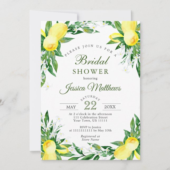 Lemons Blossom Greenery Watercolor Bridal Shower Invitation (Front)