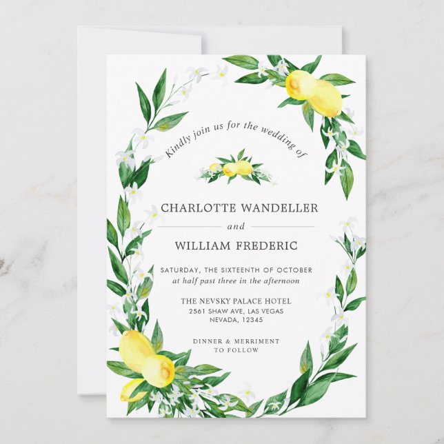 Lemons Blossom Greenery Watercolor Wedding Invitation (Front)