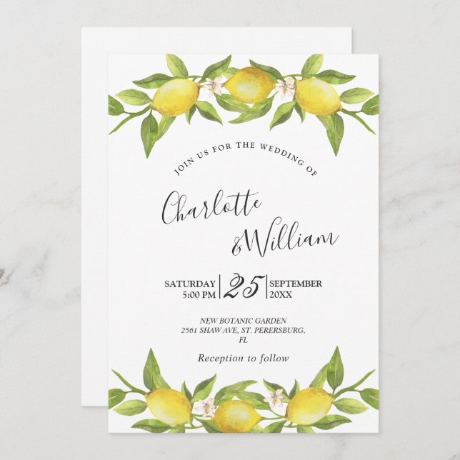 Lemons Blossom Greenery Watercolor Wedding Invitation (Front/Back)