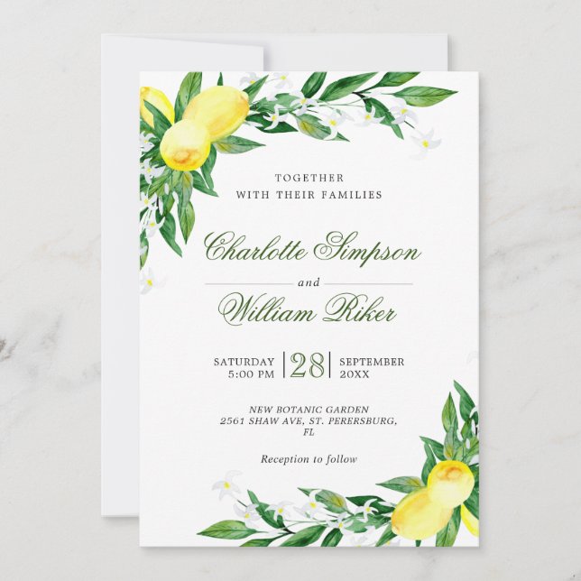 Lemons Blossom Greenery Watercolor Wedding Invitation (Front)