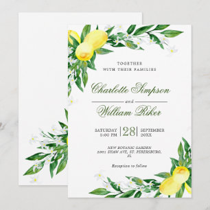 Lemons Blossom Greenery Watercolor Wedding Invitation