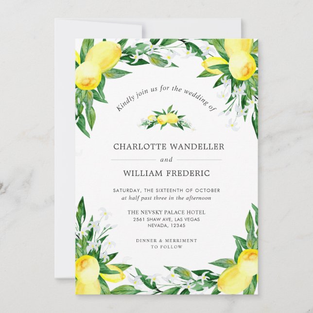 Lemons Blossom Greenery Watercolor Wedding Invitation (Front)