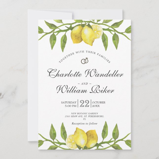 Lemons Blossom Greenery Watercolor Wedding Invitation (Front)