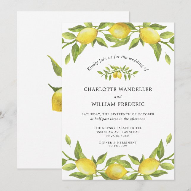 Lemons Blossom Greenery Watercolor Wedding Invitation (Front/Back)