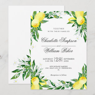 Lemons Blossom Greenery Watercolor Wedding Invitation