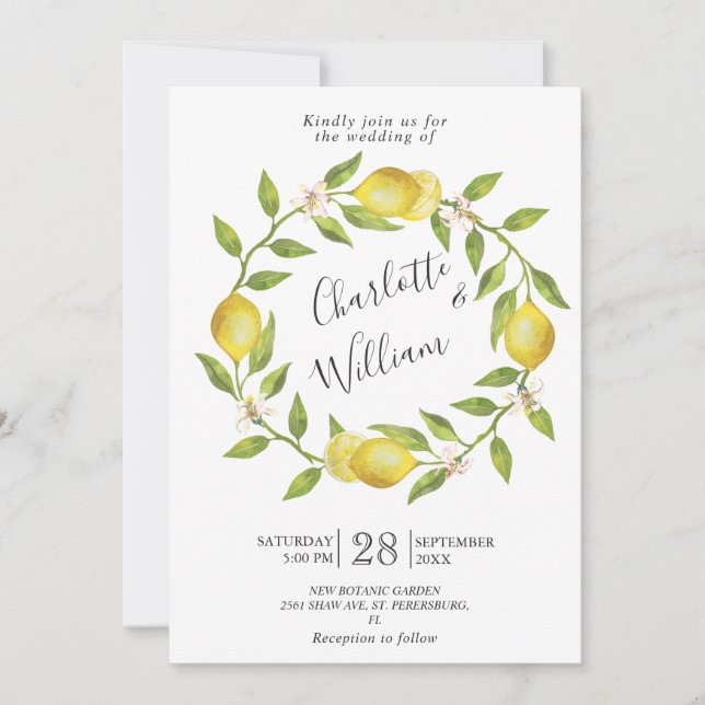 Lemons Blossom Greenery  Watercolor Wedding Invitation (Front)