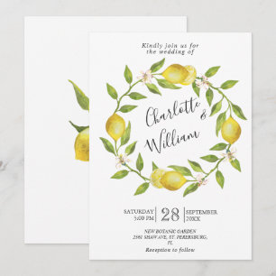 Lemons Blossom Greenery Watercolor Wedding Invitation