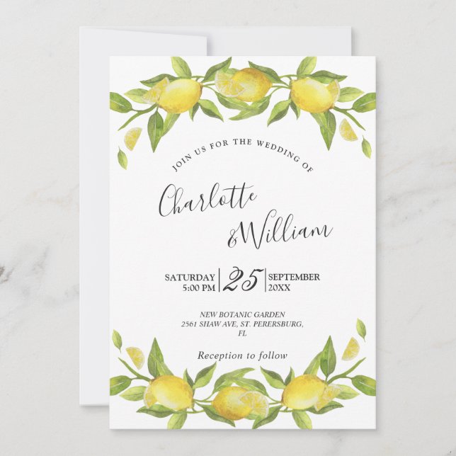 Lemons Blossom Greenery Watercolor Wedding Invitation (Front)