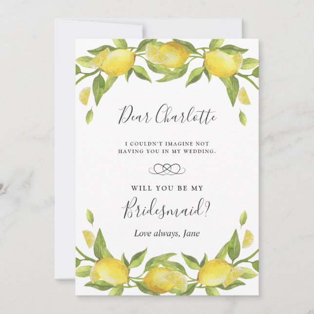 Lemons Blossom Greenery  Will You Be My Bridesmaid Invitation (Front)