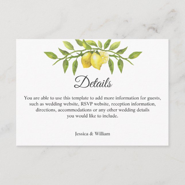 Lemons Blossom  Wedding Reception Details Enclosure Card (Front)