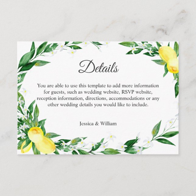 Lemons Blossom  Wedding Reception Details Enclosure Card (Front)