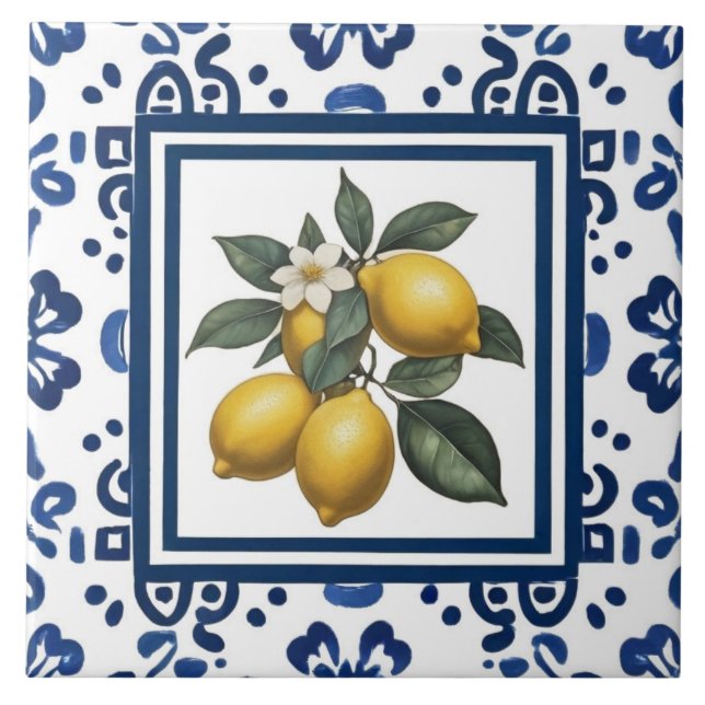 Lemons Blue and White Tribal Folk Art Pattern Tile (Front)