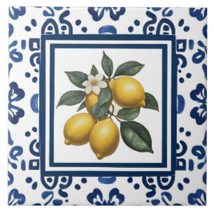 Lemons Blue and White Tribal Folk Art Pattern Tile