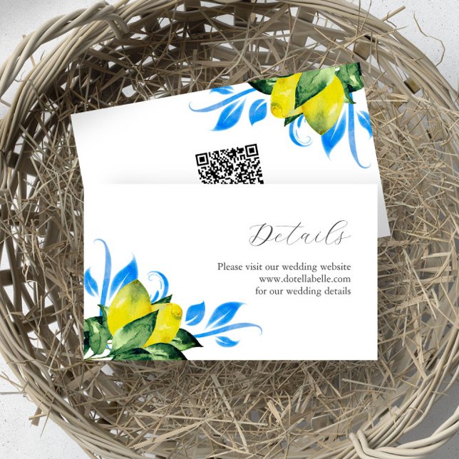 Lemons Blue and Yellow Botanical Wedding Enclosure Card (sustainable wedding ideas details card QR code Italian wedding lemon art by Victoria Grigaliunas)