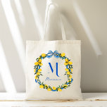 Lemons blue bow personalised bridesmaids gifts tote bag<br><div class="desc">Lemons blue bow ribbon coquette bridal shower personalised bridesmaid gifts monogrammed tote bag,   citrus lemons blue and yellow personalised tote bag; summer bridal bridesmaids gifts tote bag bridal party favours</div>