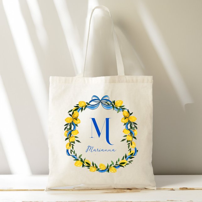 Lemons blue bow personalised bridesmaids gifts tote bag (Lemons blue bow ribbon personalized bridesmaids gifts monogrammed tote bag)