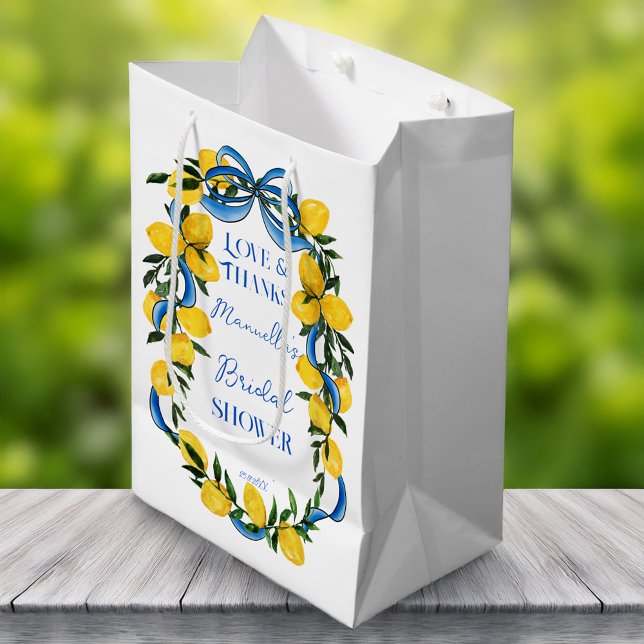 Lemons blue bow ribbon bridal shower favour medium gift bag (Lemons blue bow ribbon Italian bridal shower favors personalized gift bag)