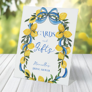Lemons blue bow ribbon bridal shower gifts table pedestal sign
