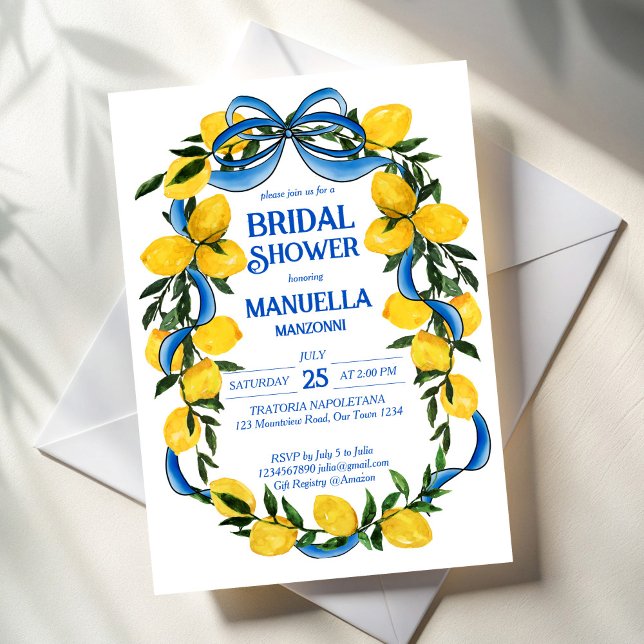 Lemons blue bow ribbon bridal shower invitation (Lemons blue bow ribbon coquette Italian summer bridal shower invitation template instant download)