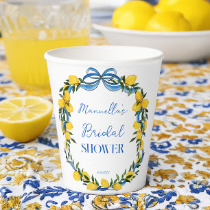 Lemons blue bow ribbon bridal shower monogrammed paper cups