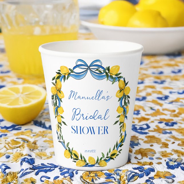 Lemons blue bow ribbon bridal shower monogrammed paper cups (Lemons blue bow ribbon coquette Italian bridal shower monogrammed paper cups personalized decor)